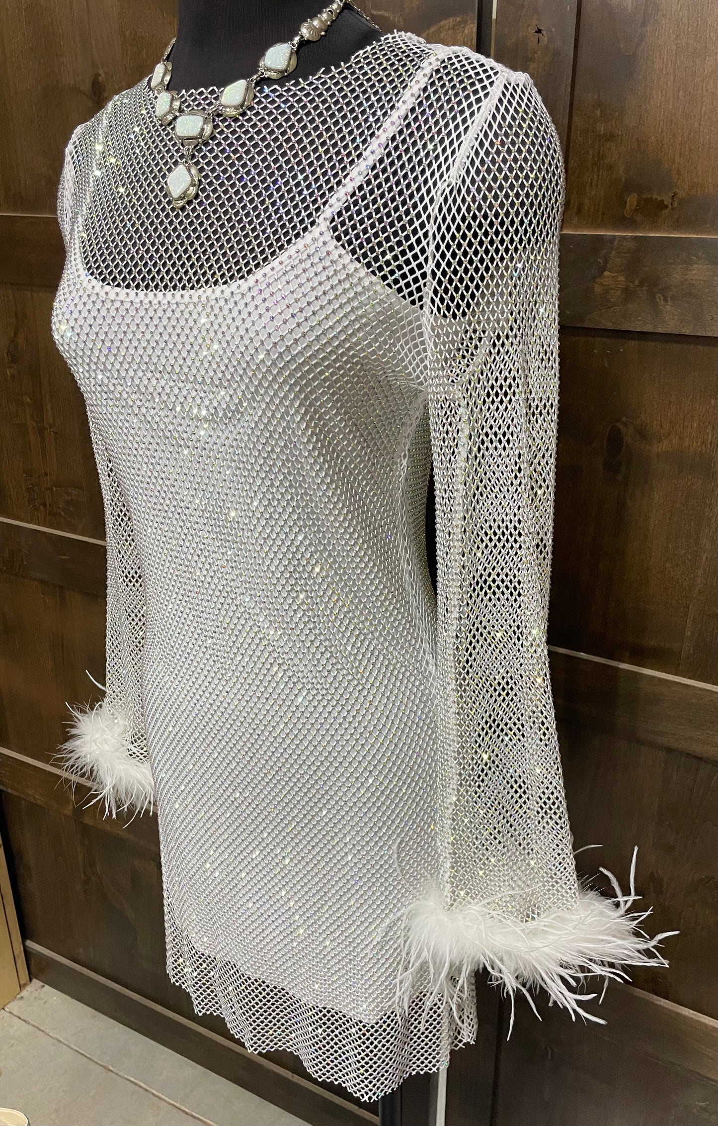 Glitter and Feather Mesh Mini Dress - Endless Blu