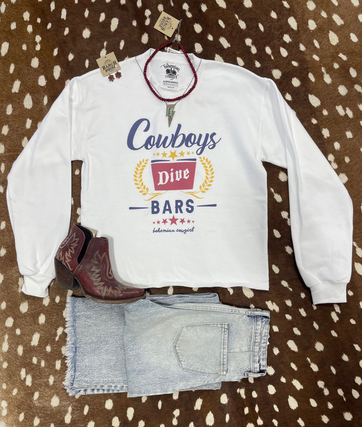 Cowboys Dive Bar Crop Sweatshirt- Bohemian Cowgirl
