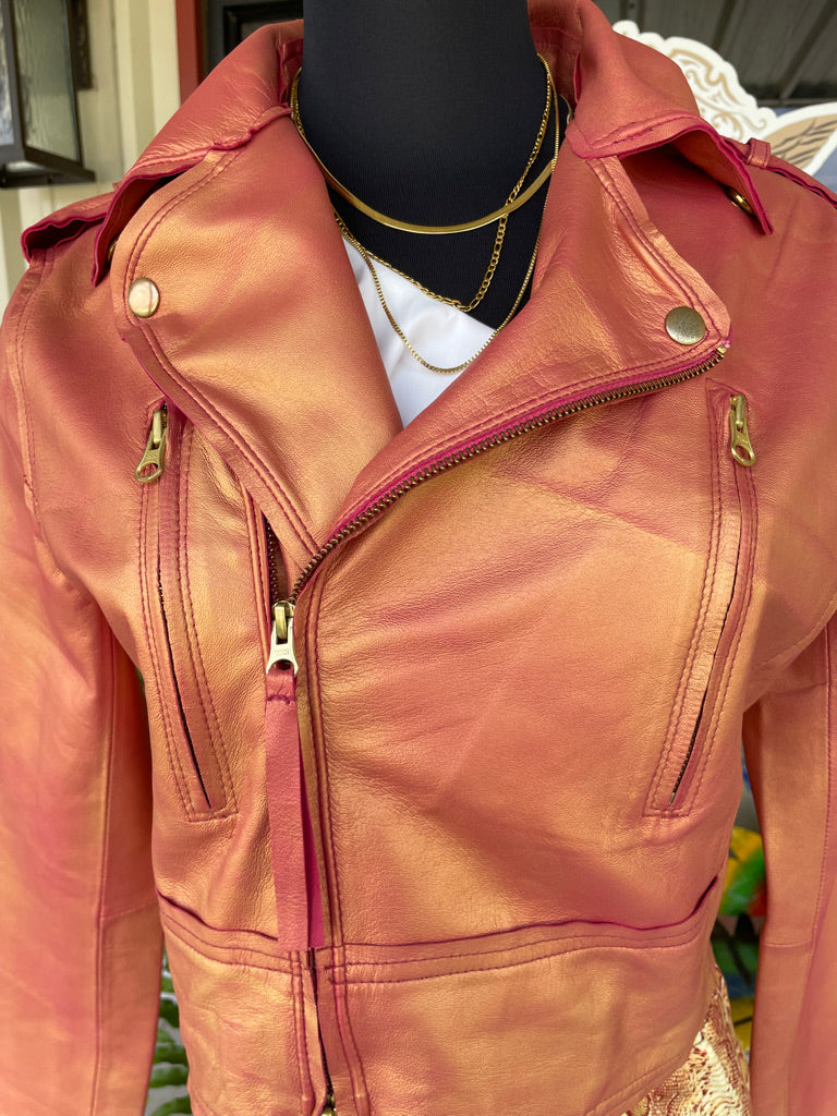 Metallic Blood Orange and Gold Leather Jacket- jakett New York