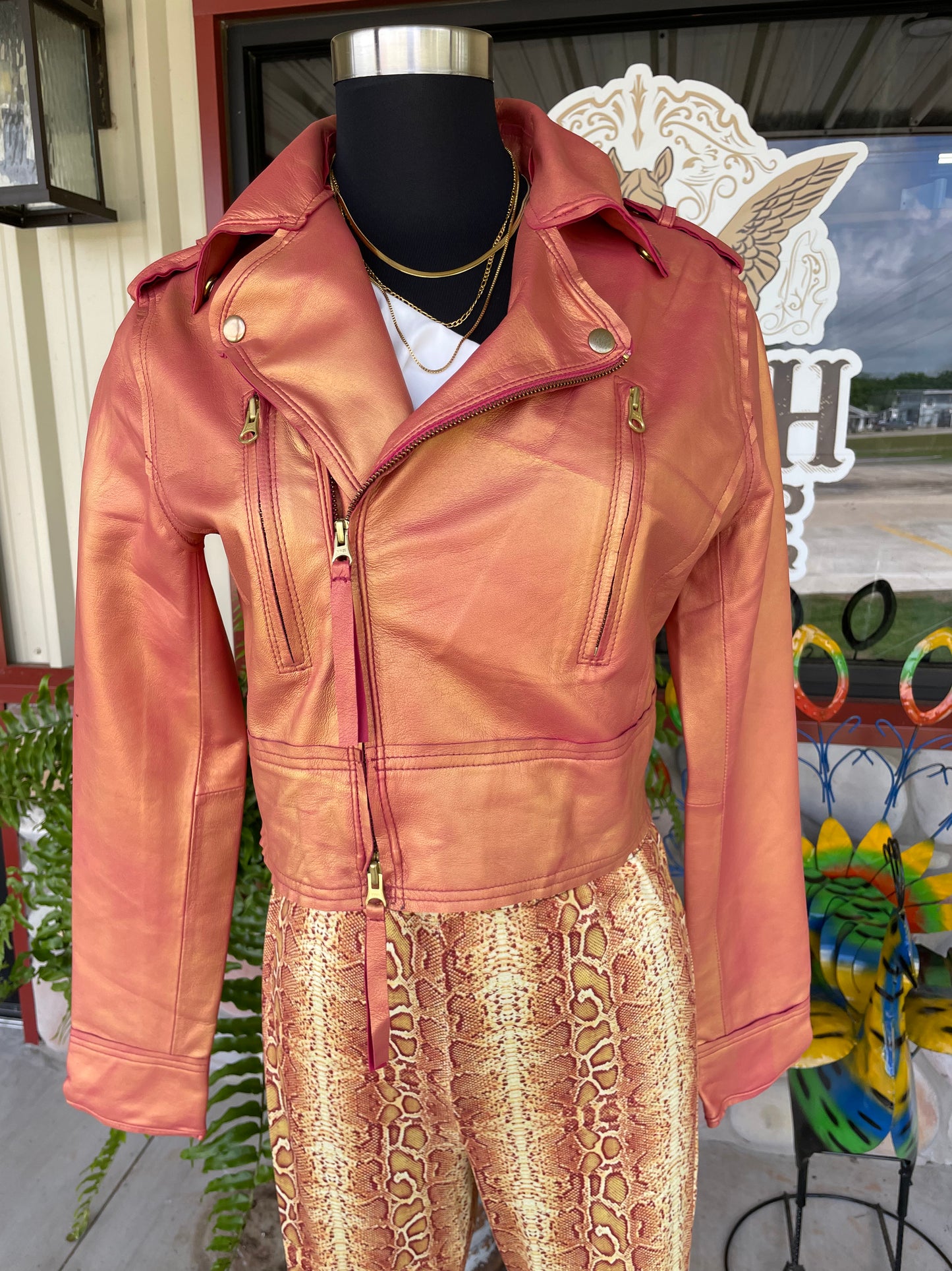 Metallic Blood Orange and Gold Leather Jacket- jakett New York