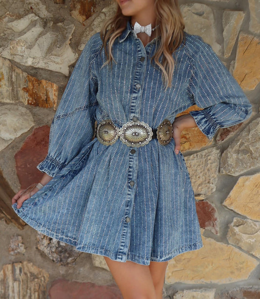 Rhinestone Cowgirl Denim Dress- Veveret