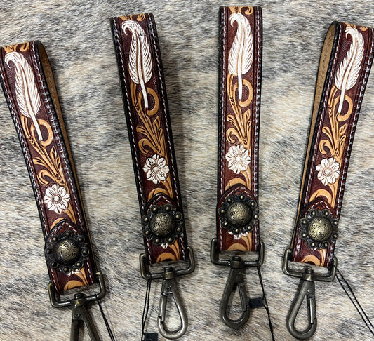 Rosenberg Tooled Leather Feather And Flower Keychain