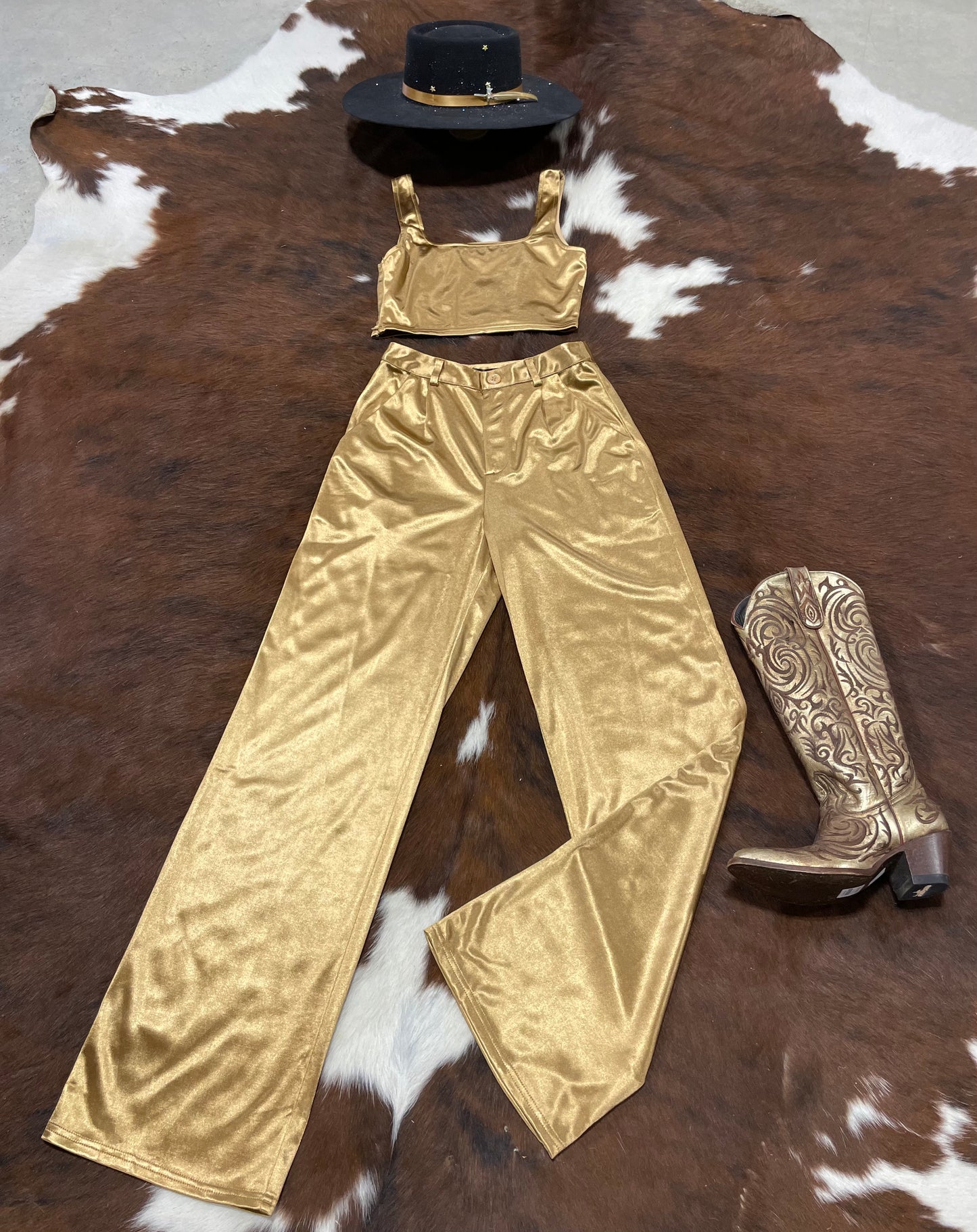 Golden Honey Bee Satin Crop Tank and Wide Leg Pants by Blue Blush