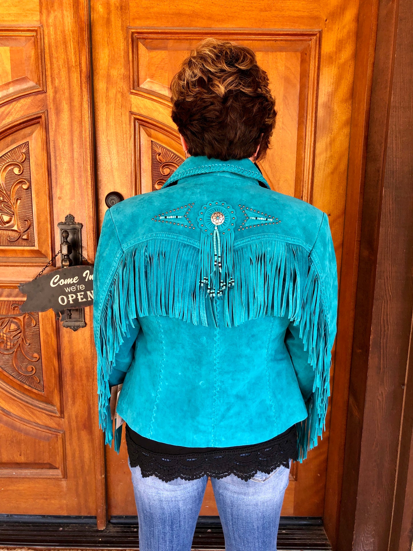 Scully Turquoise Leather Jacket with Fringe and Beading