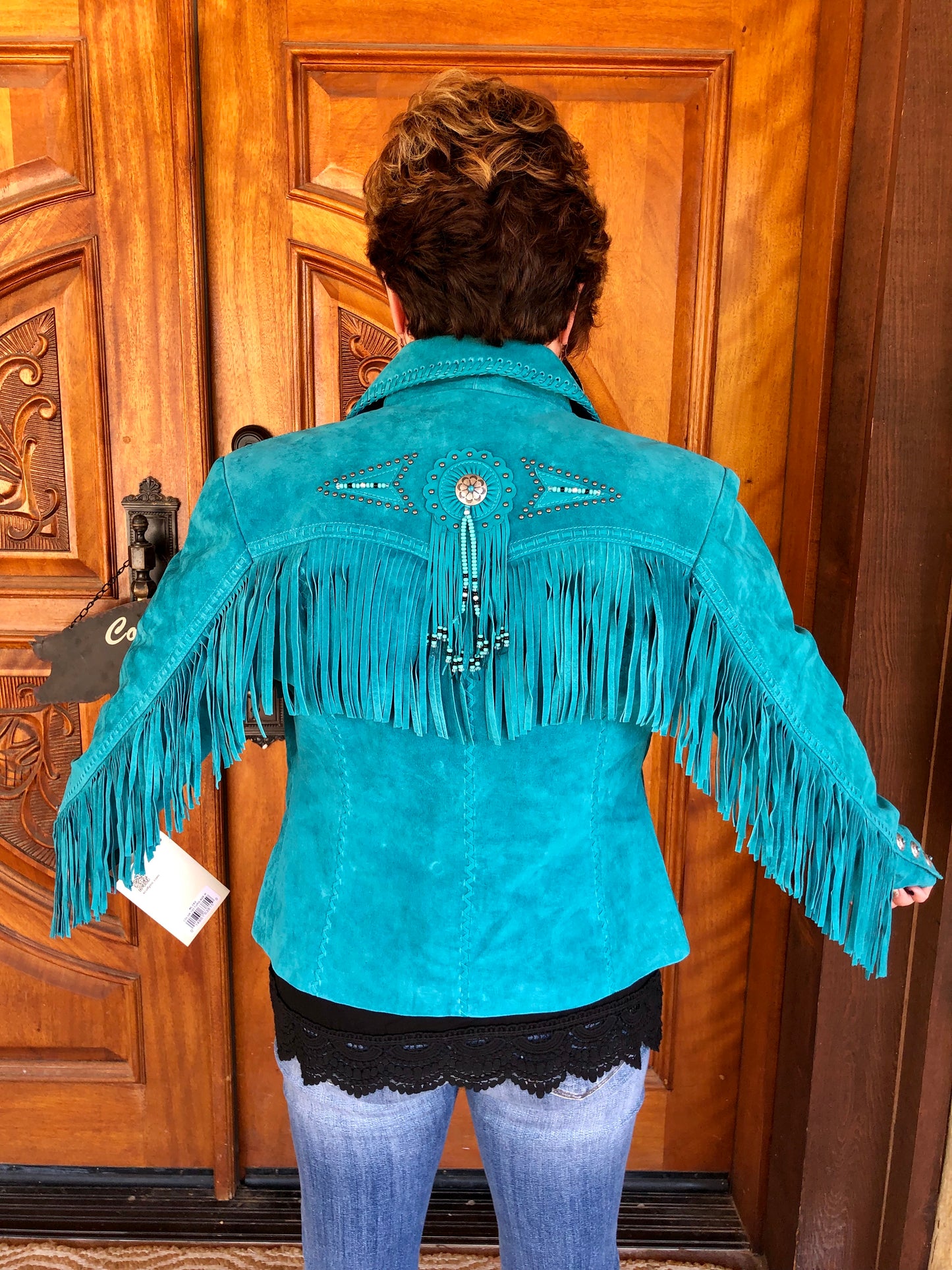 Scully Turquoise Leather Jacket with Fringe and Beading
