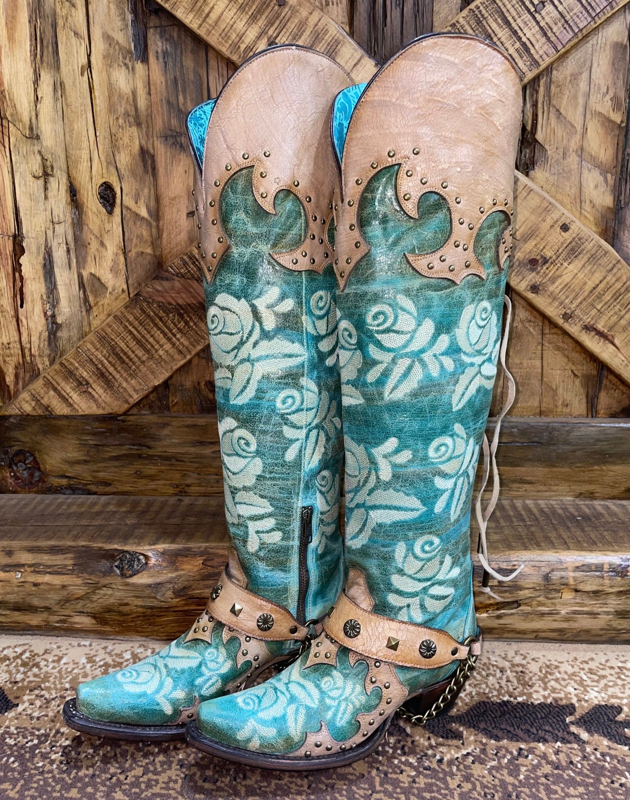 Corral Romance And The Rose Tall Boot- Turquoise/Buckskin