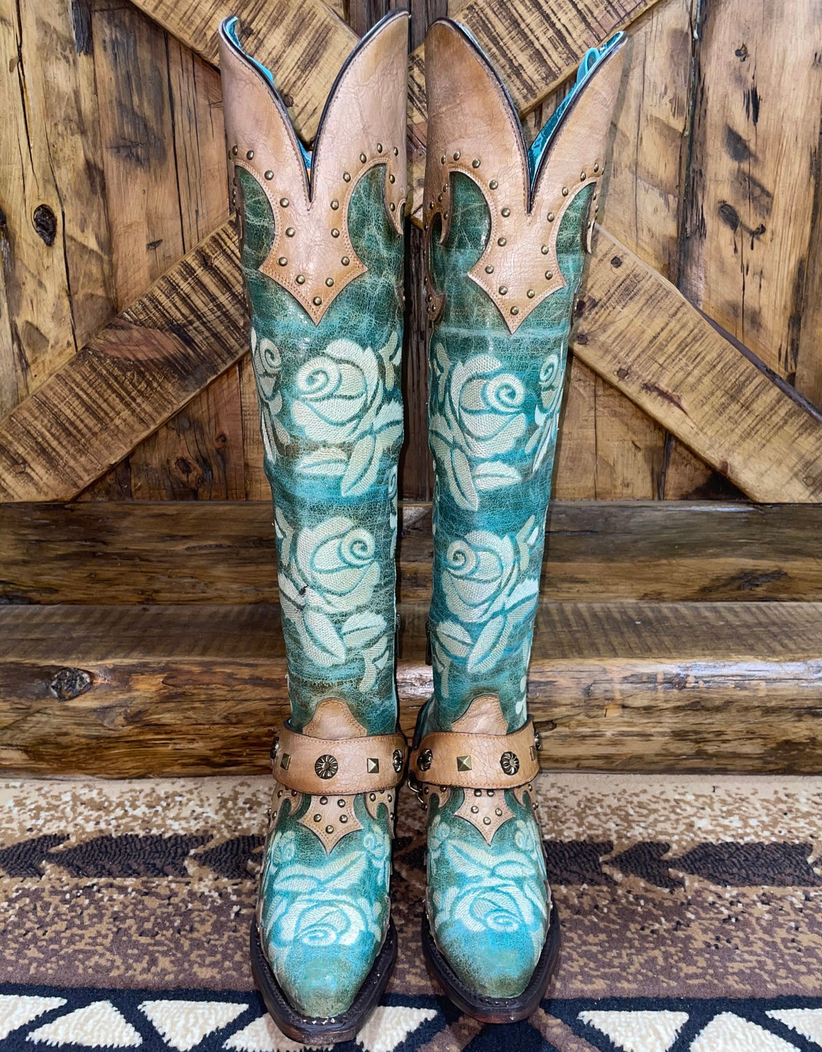 Corral Romance And The Rose Tall Boot- Turquoise/Buckskin